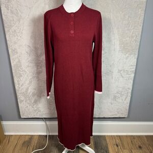 JW Anderson x Uniqlo Womens Burgundy Ribbed Knit Henley Midi‎ Dress Size 8